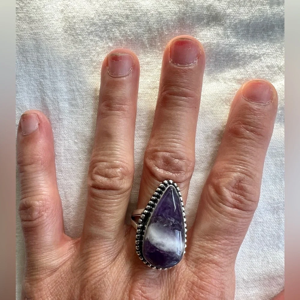 925 Crown Chakra Amethyst Teardrop Ring 8 - Picture 9 of 9